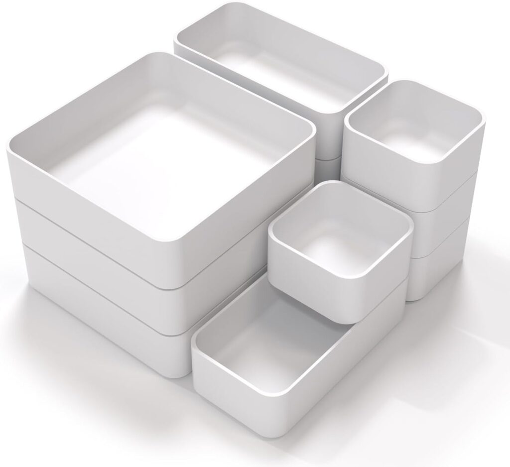 CHANCETSUI 11-Piece Stackable Drawer Organizer Set, Multi-size Desk Drawer Organizer Trays Vanity Storage Bins for Storing Makeup, Stationery, Utensils in Bathroom Dresser, Office and Kitchen