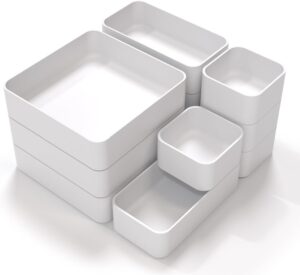 CHANCETSUI 11-Piece Stackable Drawer Organizer Set, Multi-size Desk Drawer Organizer Trays Vanity Storage Bins for Storing Makeup, Stationery, Utensils in Bathroom Dresser, Office and Kitchen
