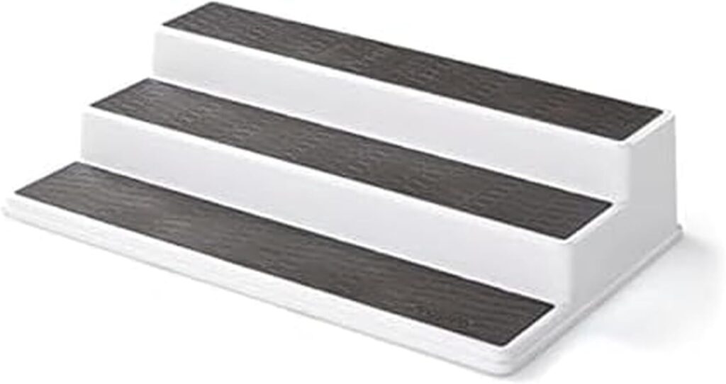 Copco 3-Tier Non-Skid Spice Rack Organizer for Kitchen Cabinet or Pantry, 15-Inch Tiered Shelf, White/Gray, Slip-Resistant Design for Jars and Bottles