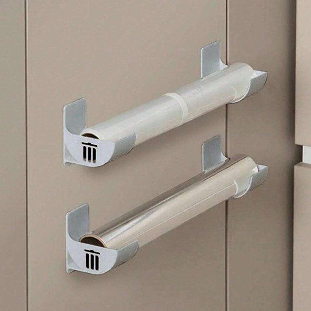 4pcs No-Drill Kitchen Storage Rack with Adhesive Hooks Space-Saving Organizer for Foil Wraps and Bags Wall-Mounted and Cabinet Door Storage Solution Grey 3