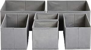 Amazon Basics Collapsible Cloth Drawer Organizer Boxes for Socks, Underwear and Baby Clothes, Storage Bins, Gray, Set of 6