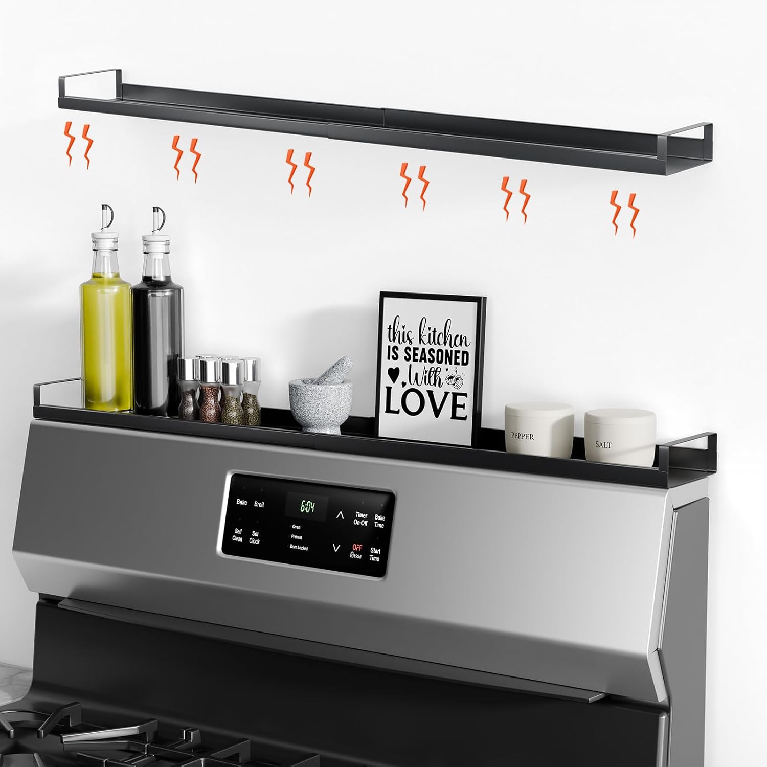 Bumusty 4X Strong Magnetic, 30" Adjustable Oven Shelf Spice Rack Over the Stove, Seasoning Organizer Kitchen Shelves, Matte Black