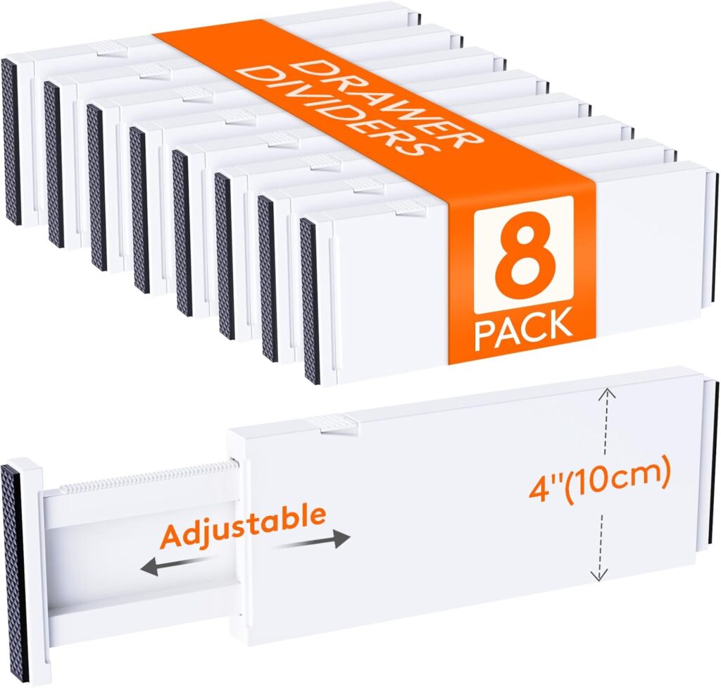 Lifewit 8 Pack 4" High Drawer Dividers 28-43.5cm/11-17" Adjustable Drawer Organizer for Clothes/Utensils, Expandable Drawer Separator in Dresser/Kitchen/Bedroom/Office Organization & Storage White