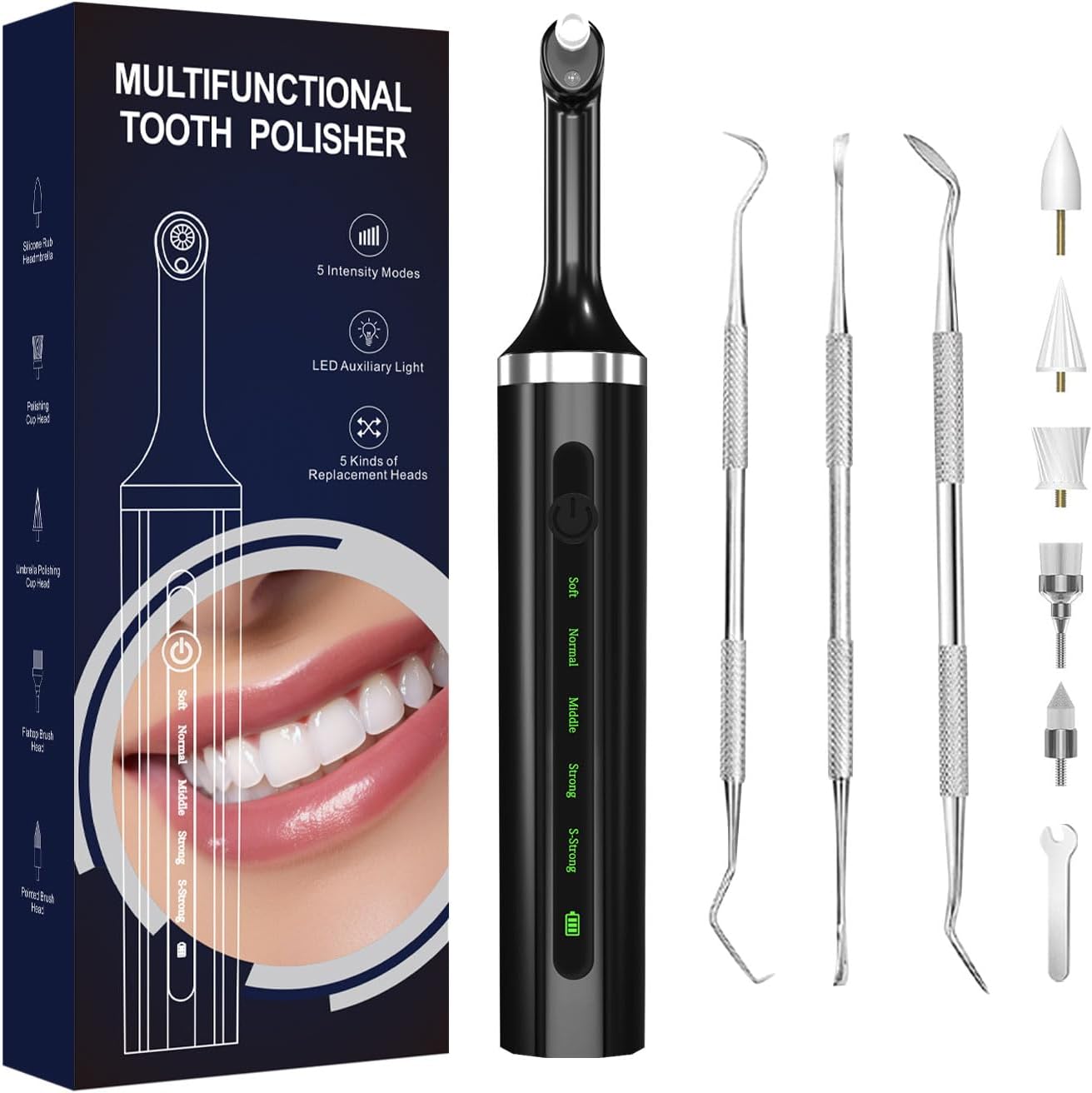 Electric Teeth Whitening Tools Plaque Tartar Polishing Cleaning Kit with LED Light 5 Speed Modes with 5 Replacement Brush Heads (Black)