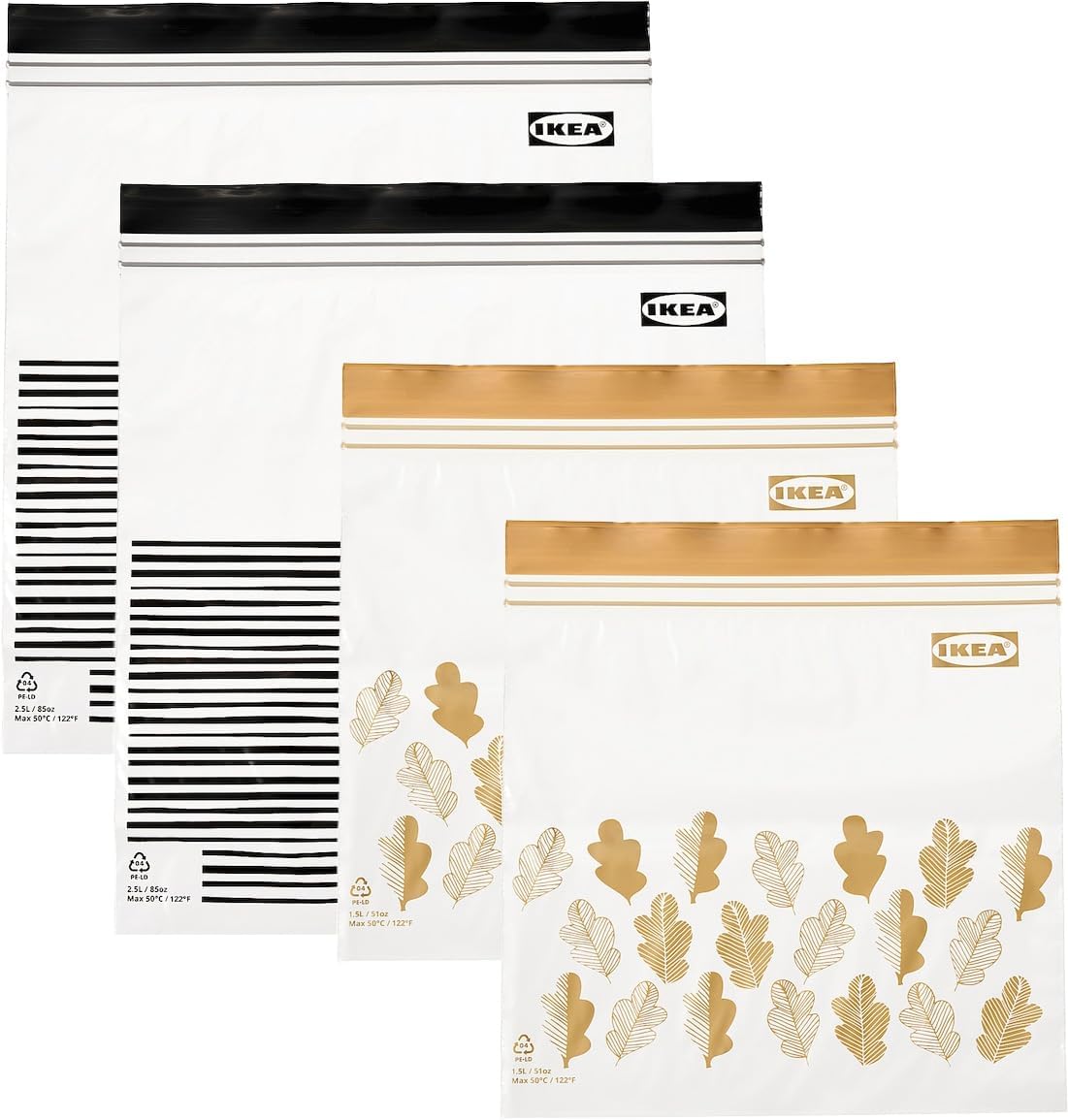 Ikea ISTAD Medium Reusable Food Bags with Double Seal, 1.2 & 2.5 Litres, Black Striped/Yellow Leaf - Set of 100 Bags