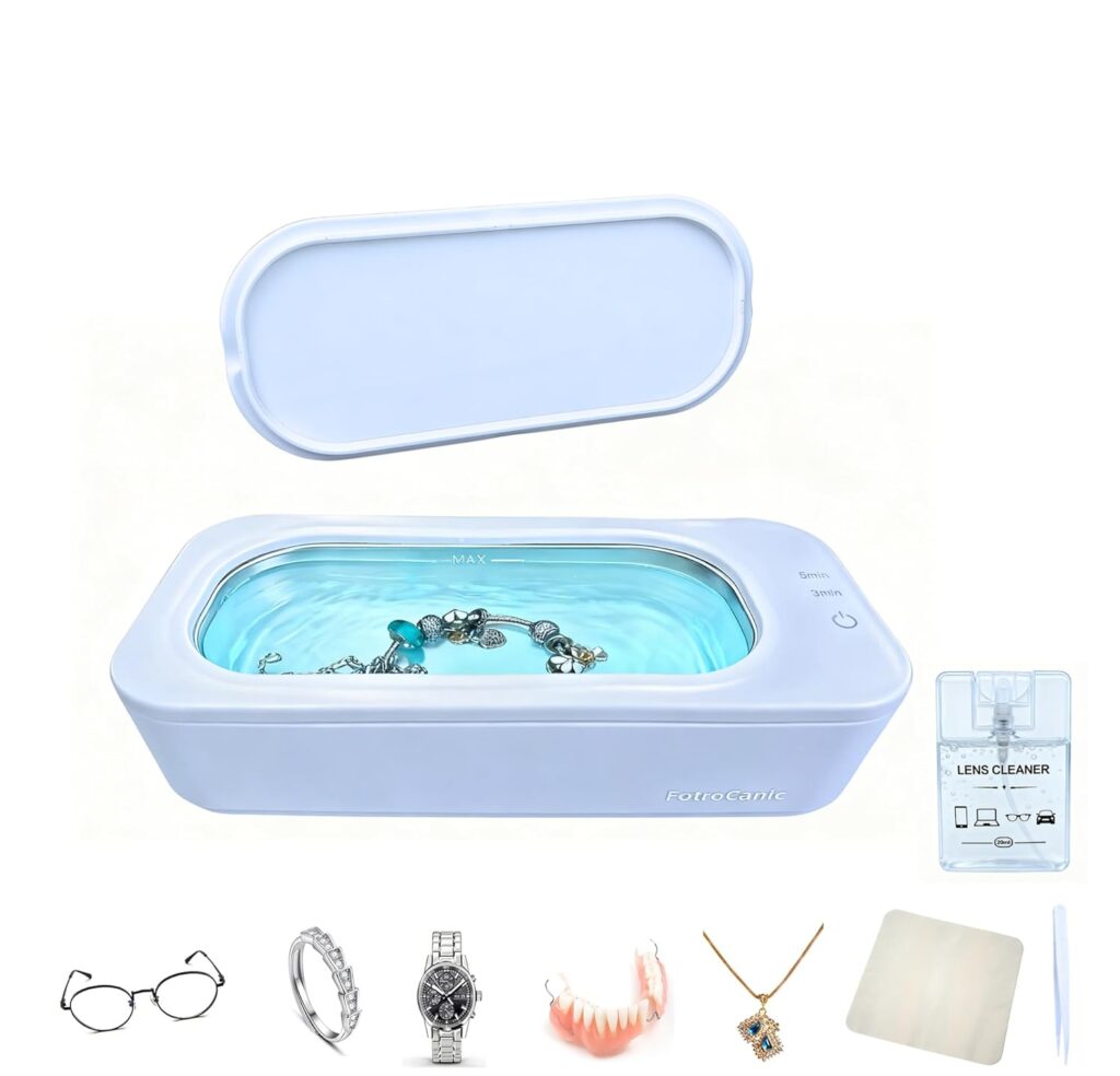 Ultrasonic Jewelry Cleaner, 47KHz 12oz Eyeglass Ultrasonic Cleaning Machine with 2 Modes & Len Cleaner for Ring, Necklace, Denture, Retainer, Watch Strap, Razor, Portable Home Use