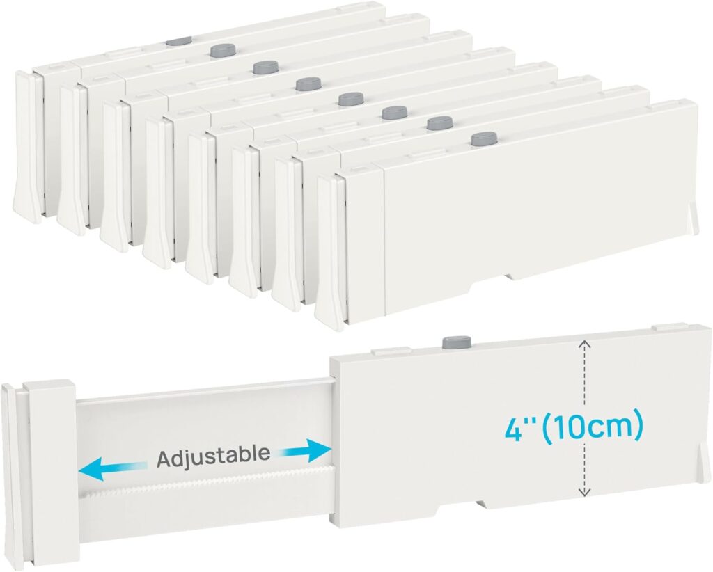 Vtopmart Drawer Dividers for Clothes 8 Pack, Adjustable 4" High Expandable from 11.3"-17" Dresser Drawer Organizer, Plastic Drawers Separators for Dresser, Baby Clothes, Kitchen and Office Storage
