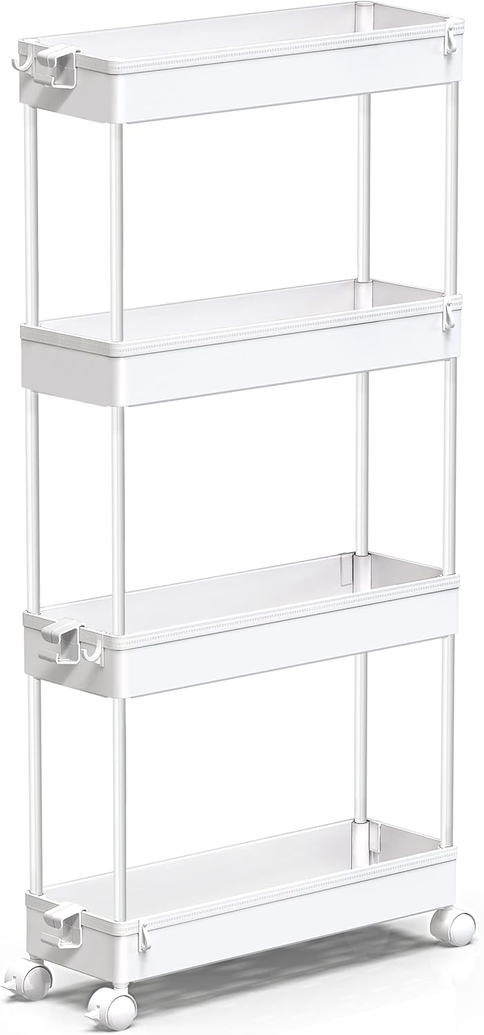 SPACEKEEPER Slim Rolling Storage Cart 4 Tier Bathroom Organizer Mobile Shelving Unit Utility Cart Tower Rack for Kitchen Laundry Narrow Places, White