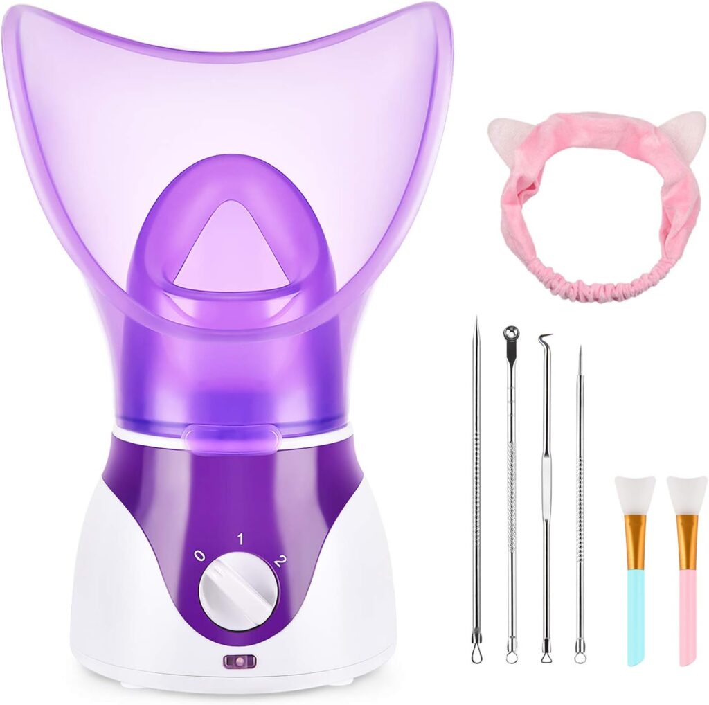 Facial Steamer for Face, Face Steamer for Facial Deep Cleaning, Nano Ionic Facial Steamer for Unclogs Pores, Hydrating (Purple, Include Blackhead Remover Kit, Brush, Headband)