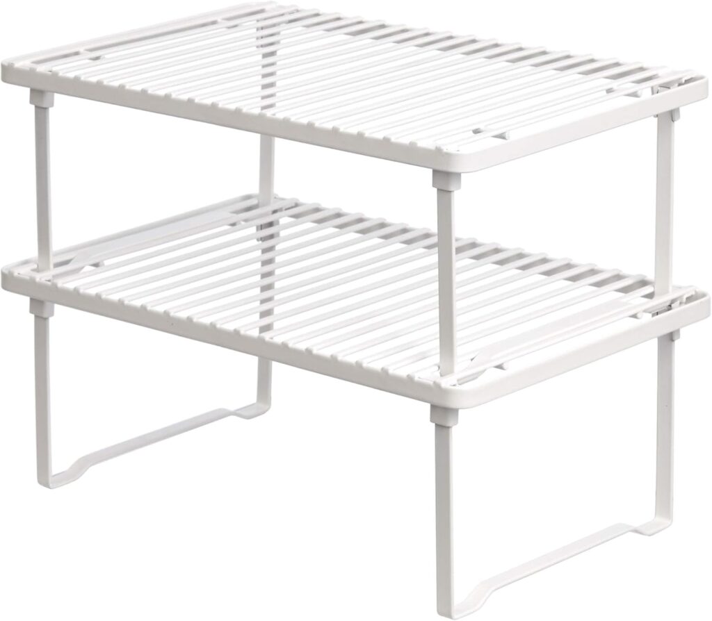 Amazon Basics Space-Saving Stackable Metal Kitchen Cabinet Organizer Shelves for Dishes, Pantry Organization, 12.5" L x 8" D x 4.5" H, Set of 2, White