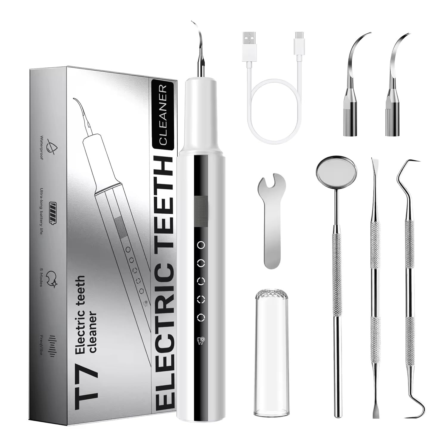 Plaque Remover for Teeth, ARISSON Ultrasonic Tartar Remover, Dental Cleaner with LED Light, 5 Modes Teeth Cleaning Tool, Rechargeable Dental Pick with 2 Replaceable Heads for Home & Travel