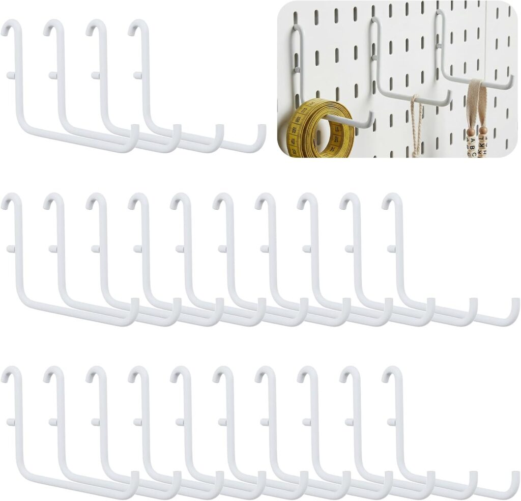 24 Pcs White L-Shaped Pegboard Hooks, 3.74 x 2.36 Inches, Compatible with IKEA Skadis Long Metal Storage Hooks for Home Office, Garage, Kitchen Tool Organization