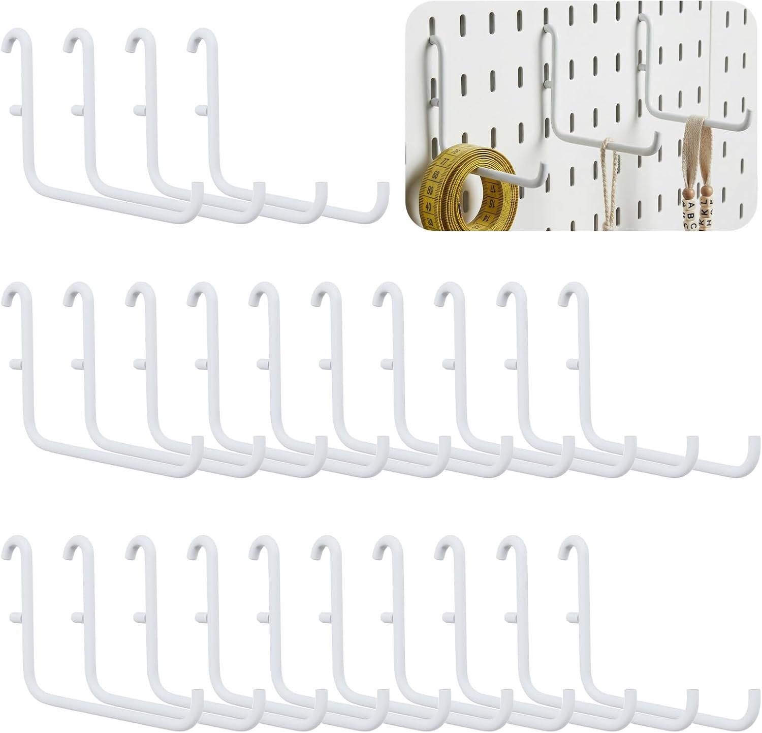 24 Pcs White L-Shaped Pegboard Hooks, 3.74 x 2.36 Inches, Compatible with IKEA Skadis Long Metal Storage Hooks for Home Office, Garage, Kitchen Tool Organization