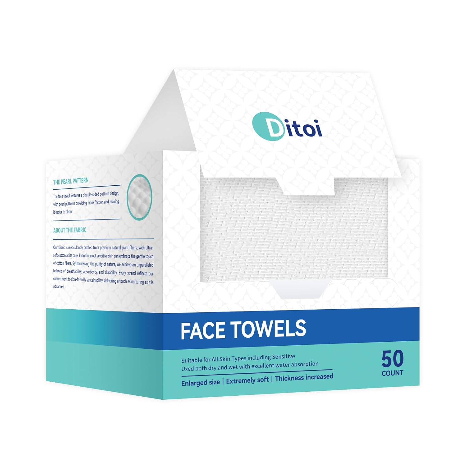 Ditoi Disposable Face Towels XL, Soft Cotton Facial Cleansing Cloths, Dry Face Towelettes for Makeup Removal, Sensitive Skin & Daily Skin Care, 50 Count, 10"12"