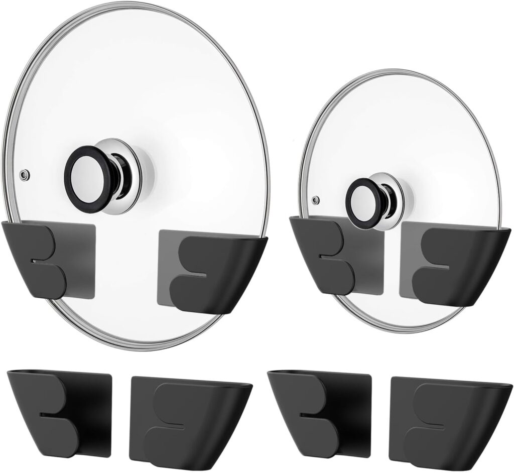 Niceyos Universal Adjustable Pot Lid Organizer for Cabinet - Upgraded Patented Set of 4 Pan Lids Organizers Inside Cabinet Door Wall Mount Pots Top Holder for Kitchen Cupboard, Fits 6" to 14" (Black)