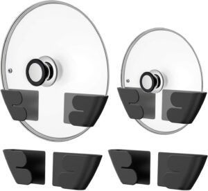 Niceyos Universal Adjustable Pot Lid Organizer for Cabinet - Upgraded Patented Set of 4 Pan Lids Organizers Inside Cabinet Door Wall Mount Pots Top Holder for Kitchen Cupboard, Fits 6" to 14" (Black)