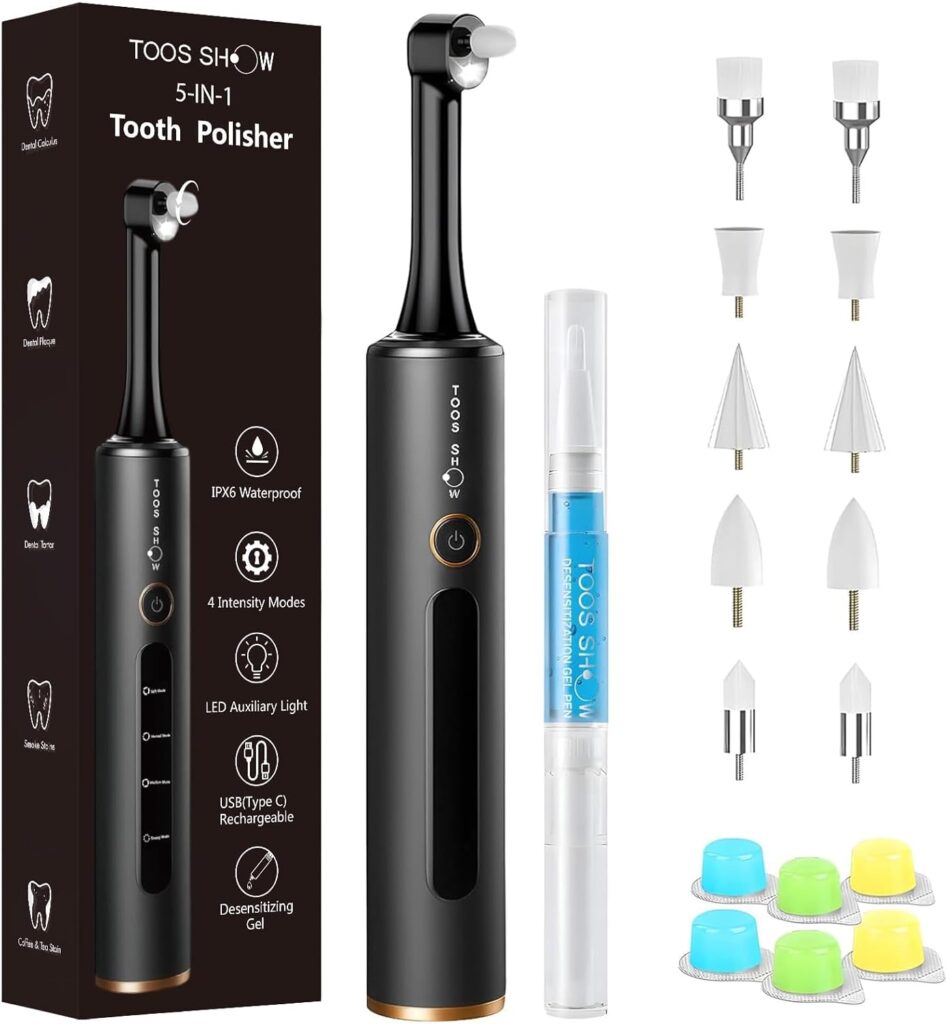 Tooth Polisher with Remineralization Gel, USB Rechargeable Teeth Whitening Kit for Cleaning and Whitening, 6 Polishing Pastes, 5 Brush Heads, LED Light, Travel Case, 4 Speeds, Easy at-Home Dental Care