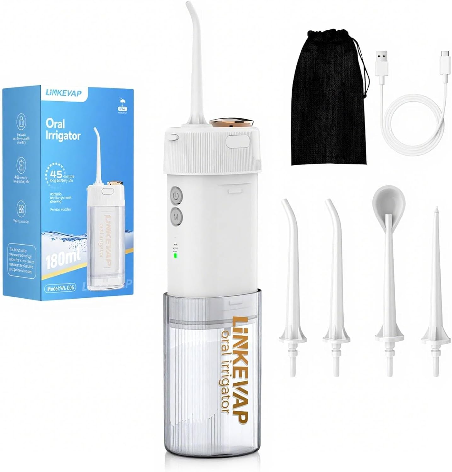 LINKEVAP Portable Water Flosser for Teeth Cleaner Pick, Battery Powered Oral Irrigator for Teeth Cleaning,Daily Dental Care for Home and Travel,180 ML Telescopic Water Tank (Snow White)