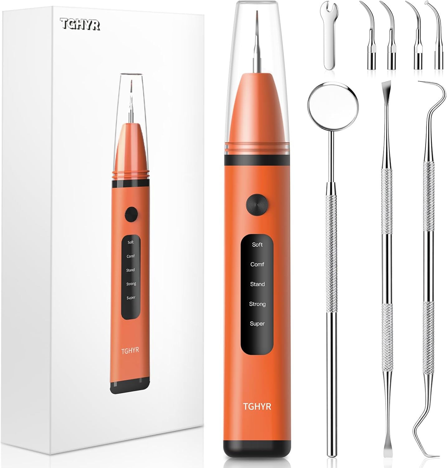 Ultrasonic Plaque Remover for Teeth, Tartar Remover with 5 Adjustable Modes, LED Light & 4 Replacement Tips Tooth Cleaner Dental Care Kits - Rechargeable, IPX6 Waterproof for Home Use (Orange)