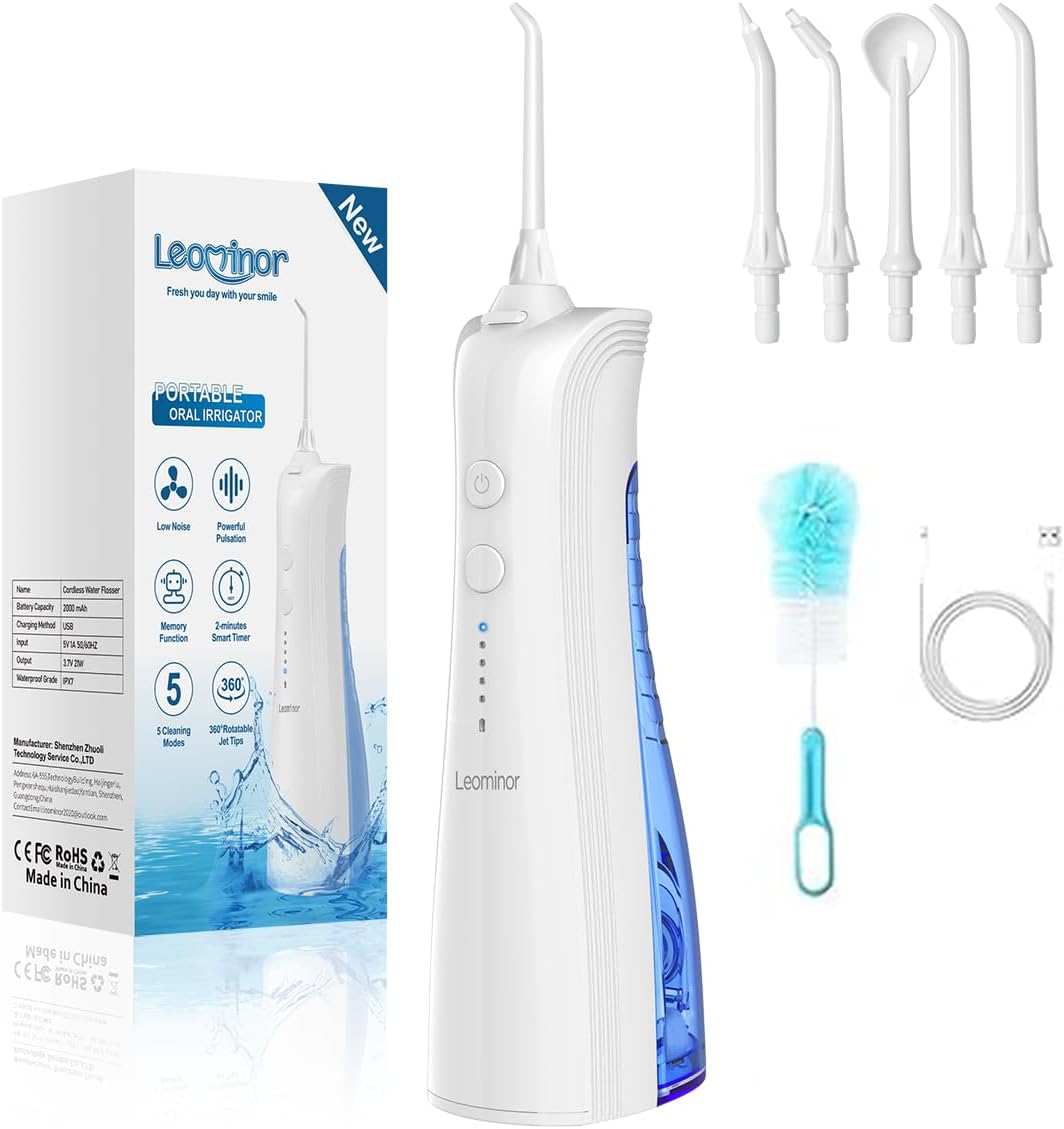 Leominor Water Dental Flosser - 5 Modes Cordless Portable Oral Irrigator, IPX7 Waterproof, Rechargeable Teeth Cleaner Upgrade Datchable Tank Professional Flossing Cleaning Pick for Home Travel (White)