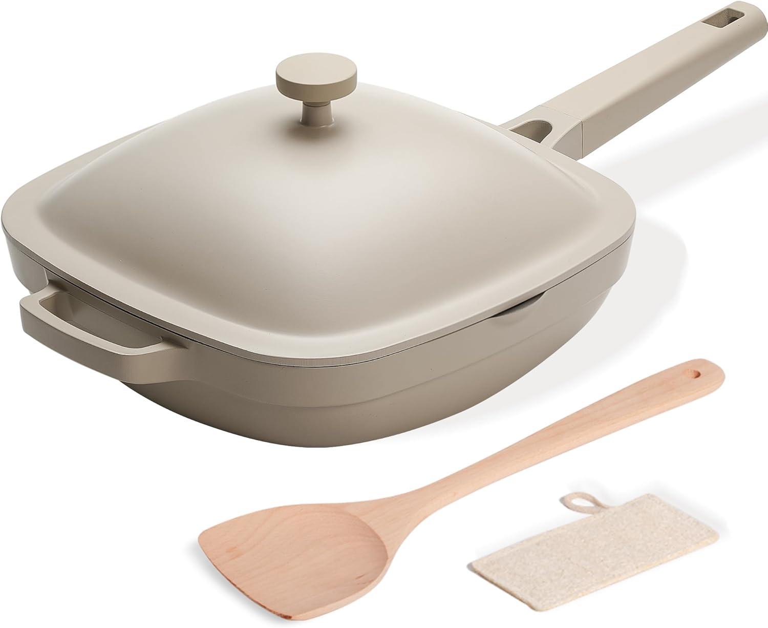 USELUCK 10.5 Inch(3.8QT) Ceramic Pan with Lid,Non Stick Frying Pans Cast Aluminum Deep Saut Pans,Ti-Ceramic Non Toxic Pix Pan with Wooden Spatula and Scrubber-Morning Mist