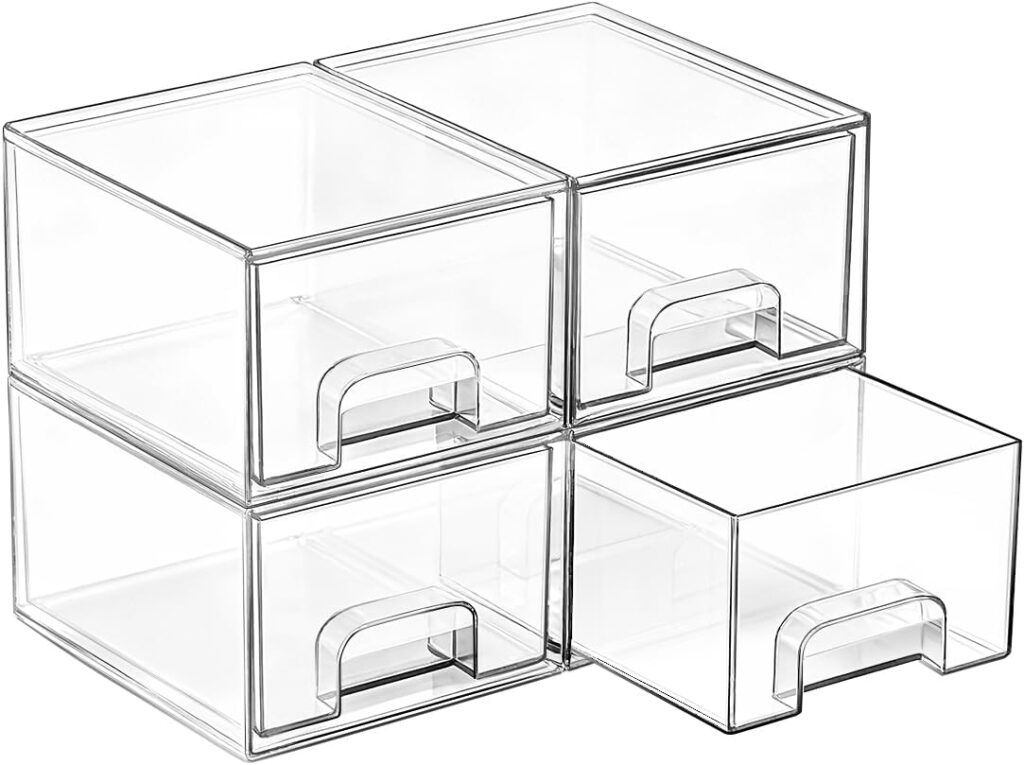 Vtopmart 4 Pack Small Clear Stackable Storage Drawers,Acrylic Bathroom Makeup Organizer,Plastic Storage Bins For Vanity, Undersink, Kitchen Cabinets, Pantry, Home Organization