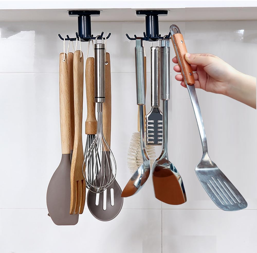 2pcs 360 Rotation Utility Hooks,Under Cabinet Kitchen Hooks,Storage Shelf rv Must Haves,Nail Free Adhesive Kitchen Utensils Hanging Hooks for Kitchen Utensils/Tools/Towel/Knife(Black)