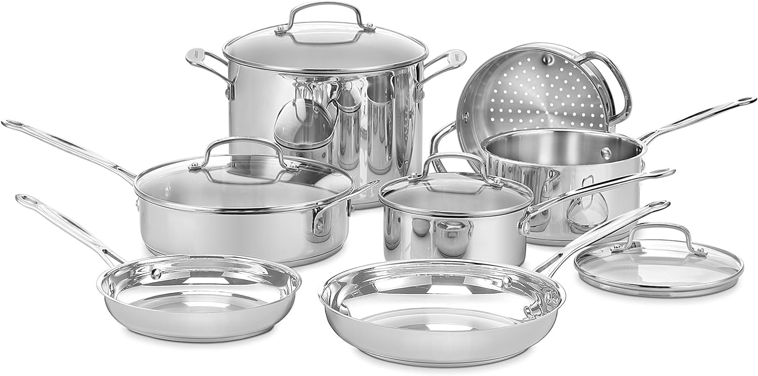 Cuisinart Chefs Classic 11-Piece Stainless Steel Pots and Pans Set, Cookware Set Compatible with Induction, Electric, Gas Cooktops, Aluminum Core for Even Heat, Cool Grip Handles, Dishwasher Safe