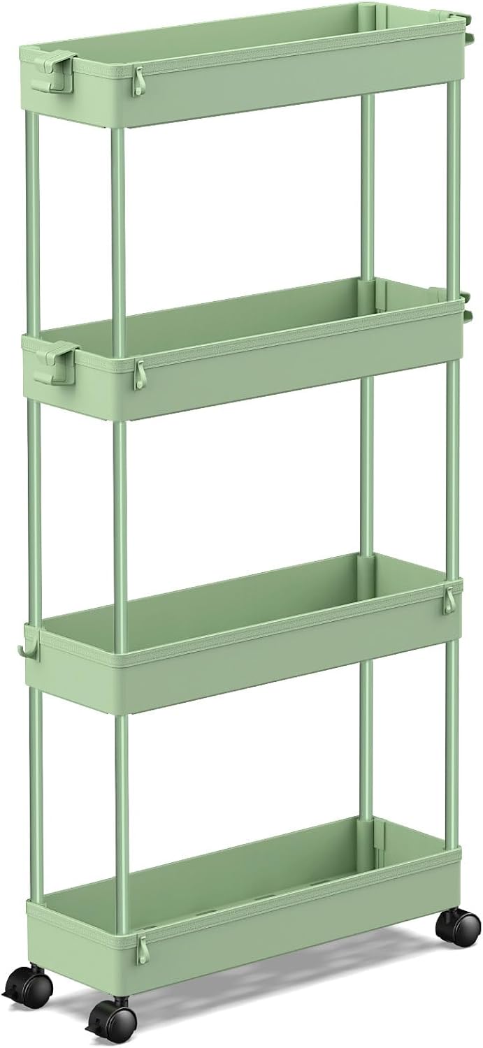 SPACEKEEPER Slim Rolling Storage Cart 4 Tier Bathroom Organizer Utility Cart Mobile Shelving Unit Tower Rack for Kitchen, Laundry Room, Bathroom, Narrow Places, Green