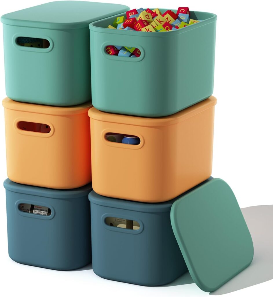 ORGIDOL 6 Pack Colorful Storage Bins with Lids Stackable Storage Container for Organizing, Storage Boxes with Handle for Shelves, Cute Storage Bin for Craft, Snacks, 9.85x6.9x5.7 inch