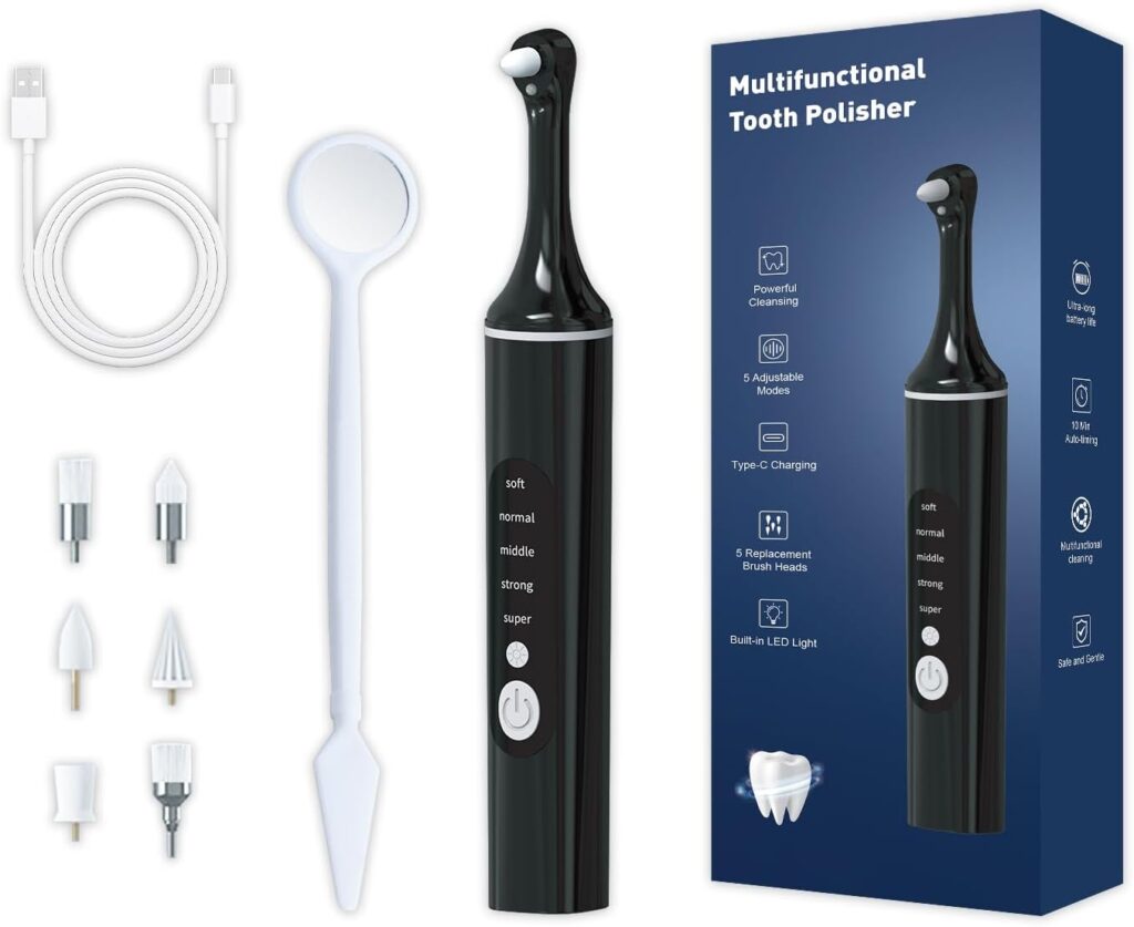 [Type-C Fast Charging] LED Teeth Whitening Polisher,Home Dental Care Kit with 6 Brush Heads & 5 Adjustable Speeds, Portable Electric Tooth Cleaner (Black)