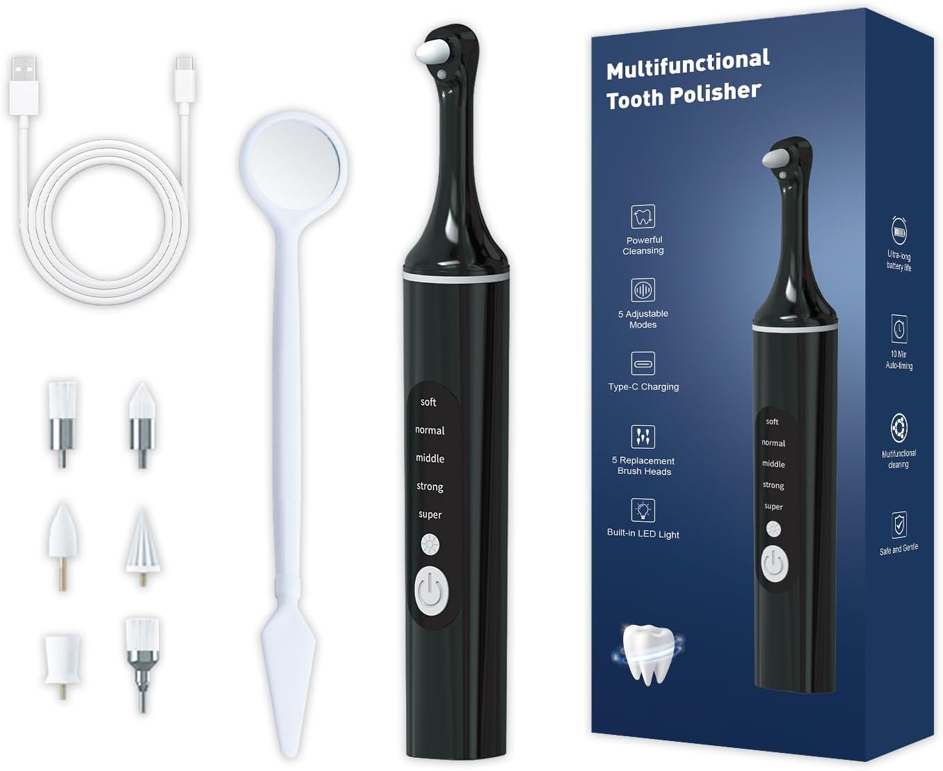 [Type-C Fast Charging] LED Teeth Whitening Polisher,Home Dental Care Kit with 6 Brush Heads & 5 Adjustable Speeds, Portable Electric Tooth Cleaner (Black)