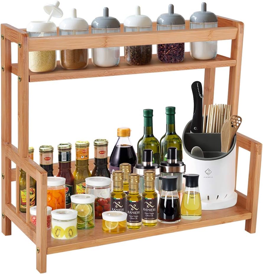 Kitchen Countertop Organizer Bamboo Spice Rack - Coffee Station Organizer Countertop Shelf 2 Tier Storage Stand, Vintage Rustic Wooden Syrup Sauce Jar Bottle Spice Makeup Display Holder