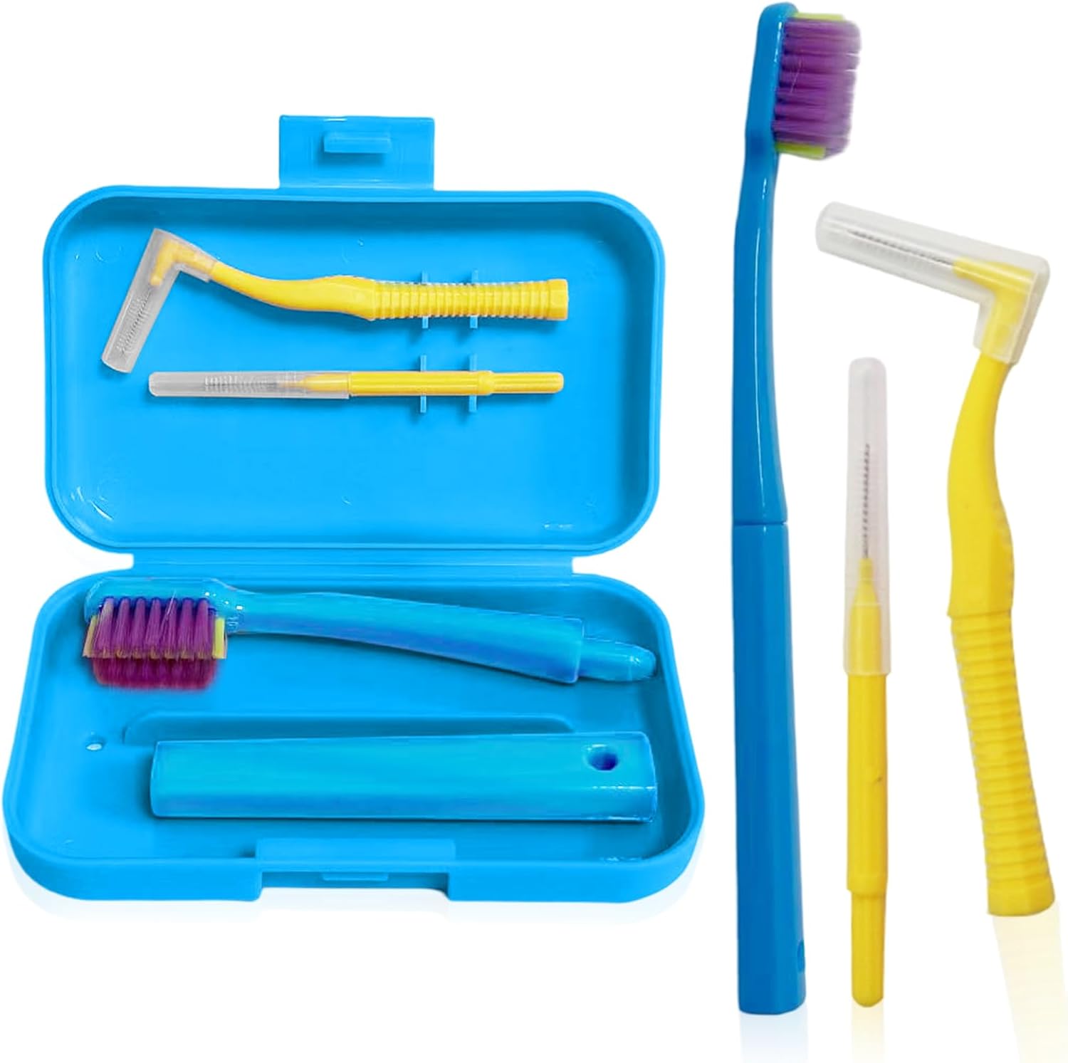 3-Pack Dental Care Kit - Angled Orthodontic Toothbrush, Interdental Brush, and Standard Toothbrush with Travel Case, Soft Bristles for Braces and Teeth Cleaning
