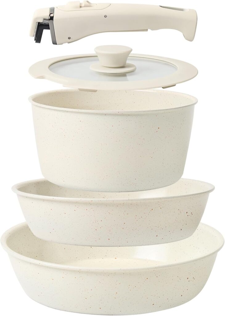 Pots and Pans Set Non Stick, Ceramic Cookware Set Nonstick Frying Pans 5 Pcs-Non Toxic PFAS/PFOA/PTFE Free, with Detachable Handle for RV Kitchen, Induction & Dishwasher Safe Cream White