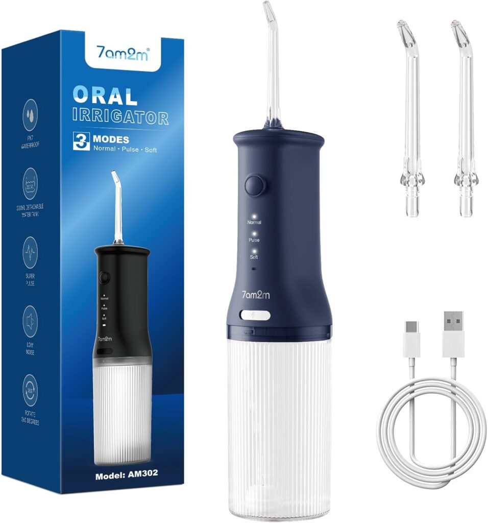 7AM2M Portable Cordless Water Flosser, Oral Irrigator with 3 Modes & 2 Tips, Fast Rechargeable, IPX7 Waterproof, Dental Water Flosser for Travel and Home Use (Navy Blue)