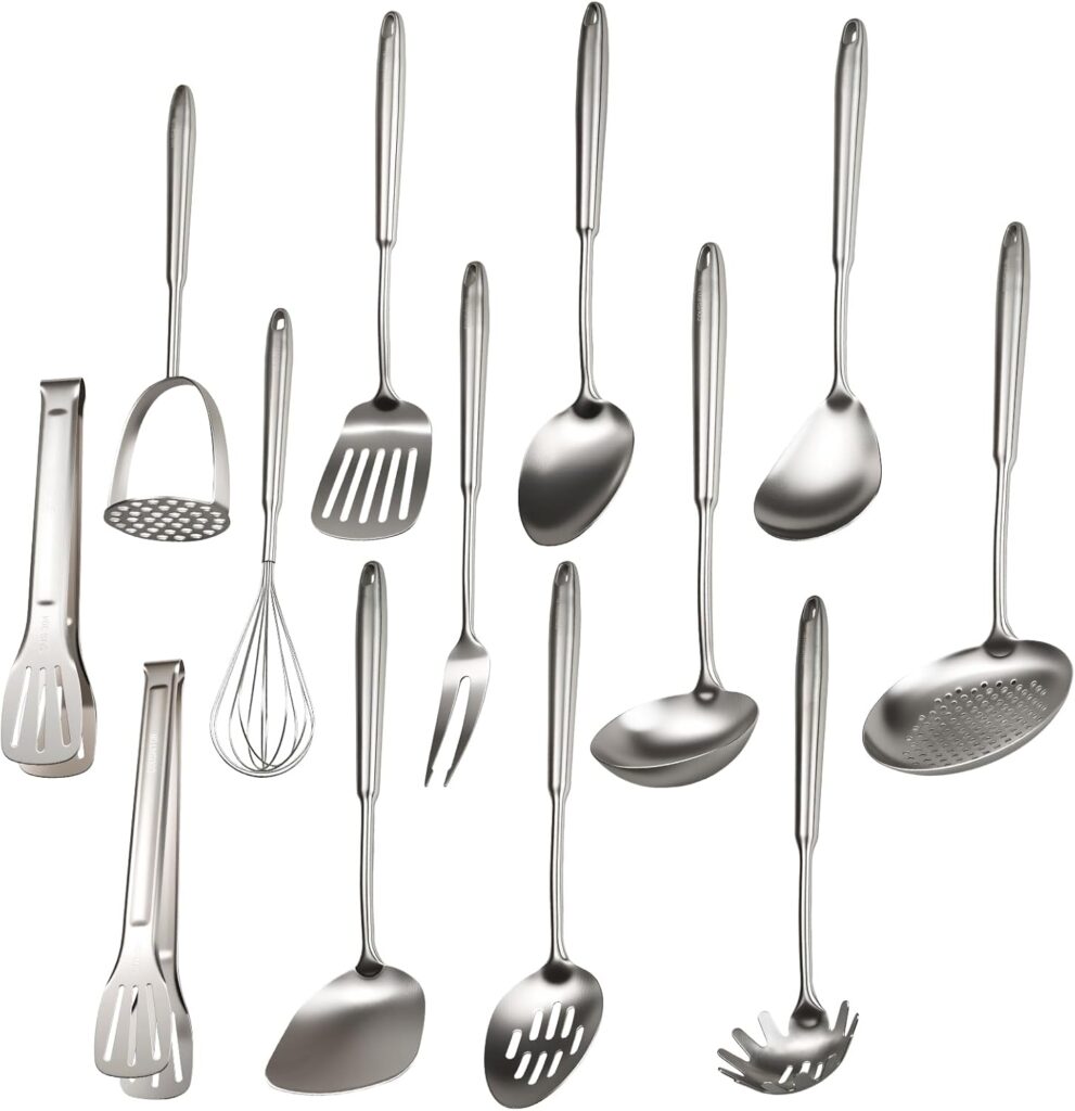 18/10 Stainless Steel Cooking Utensils Set, 13 PCS Long Large Metal Cooking Utensil Tools Set, Mirror Polished Kitchen Gadget Cookware and Kitchen Tool Set, Dishwasher Safe
