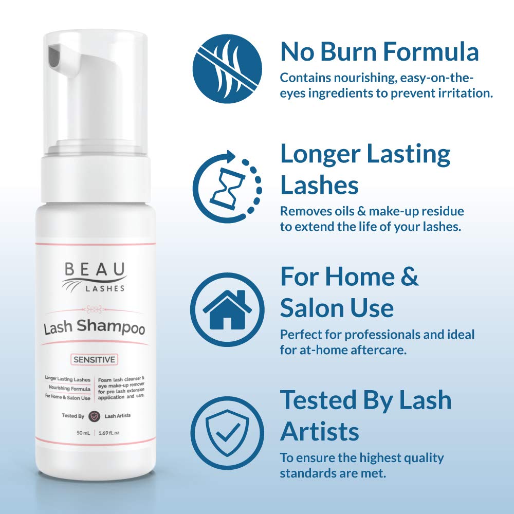Eyelash Extension Foam Cleanser Shampoo & Brush (50ml) - Oil Free Sensitive Paraben & Sulfate Free Eyelid/Lash Foaming Wash Cleaner To Remove Makeup & Mascara - Ideal For Salons And Home Care