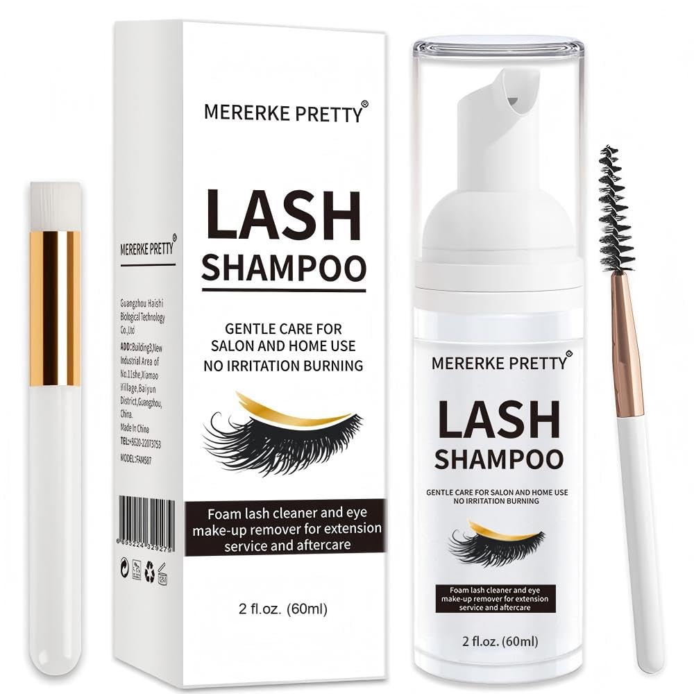 Mererke_Pretty Eyelash Extension Shampoo 60 ml + Brush - Eyelid Foaming Cleanser - Sensitive Paraben & Sulfate Free - Eyelash Wash and Lash Bath for Extensions - Salon Use and Home Care