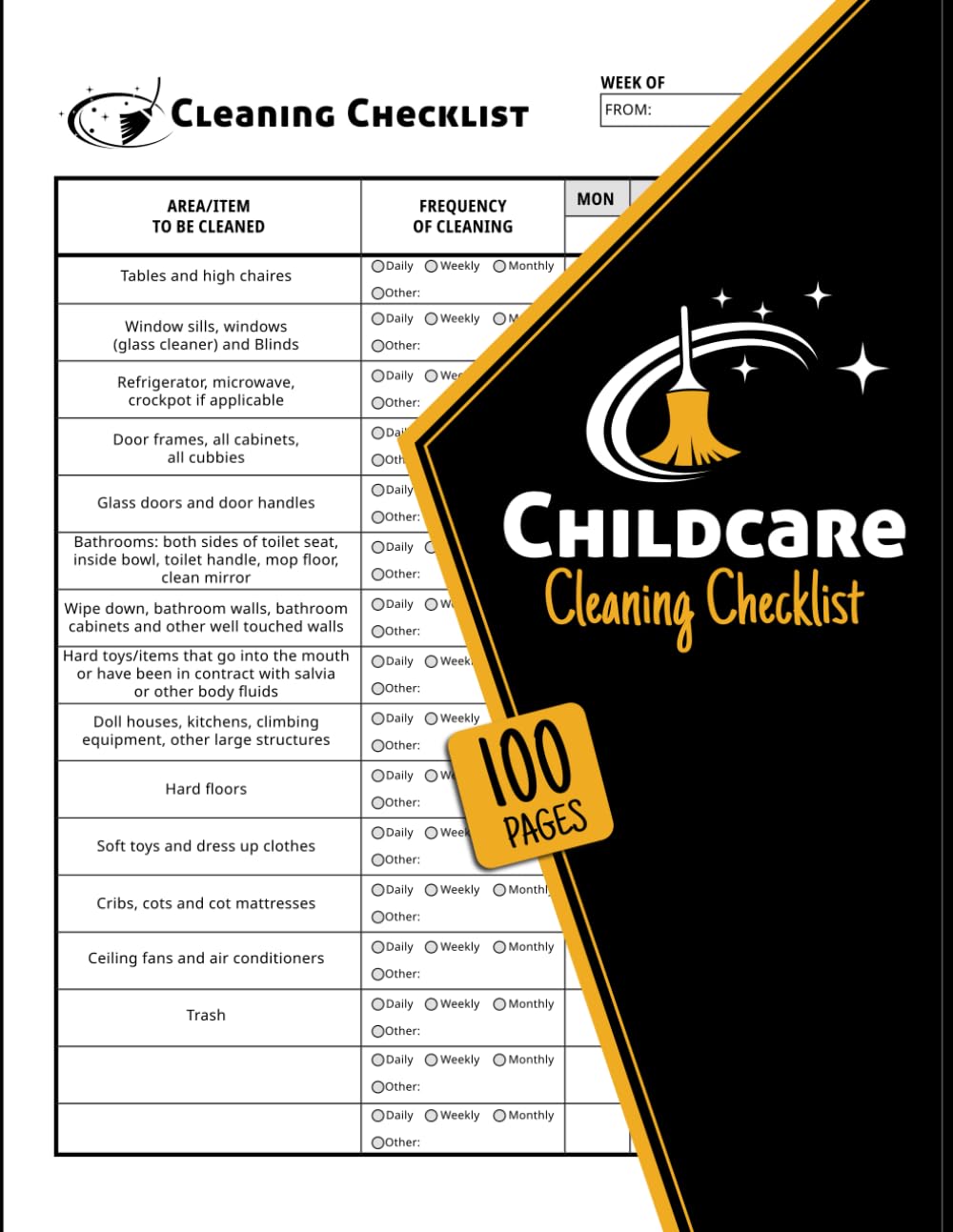 Childcare Cleaning Checklist: Daily Weekly & Monthly Housekeeping Logbook for Daycare Centers, Preschools, & In Homes | 100 Double-Sided Pages