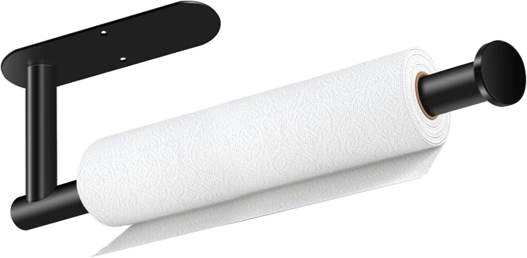 Paper Towel Holder, Self Adhesive or Drilling Paper Towel Holder Under Cabinet, Stainless Steel Black Paper Towel Holders Wall Mount for Kitchen, Bathroom, Sink, Pantry, Fridge