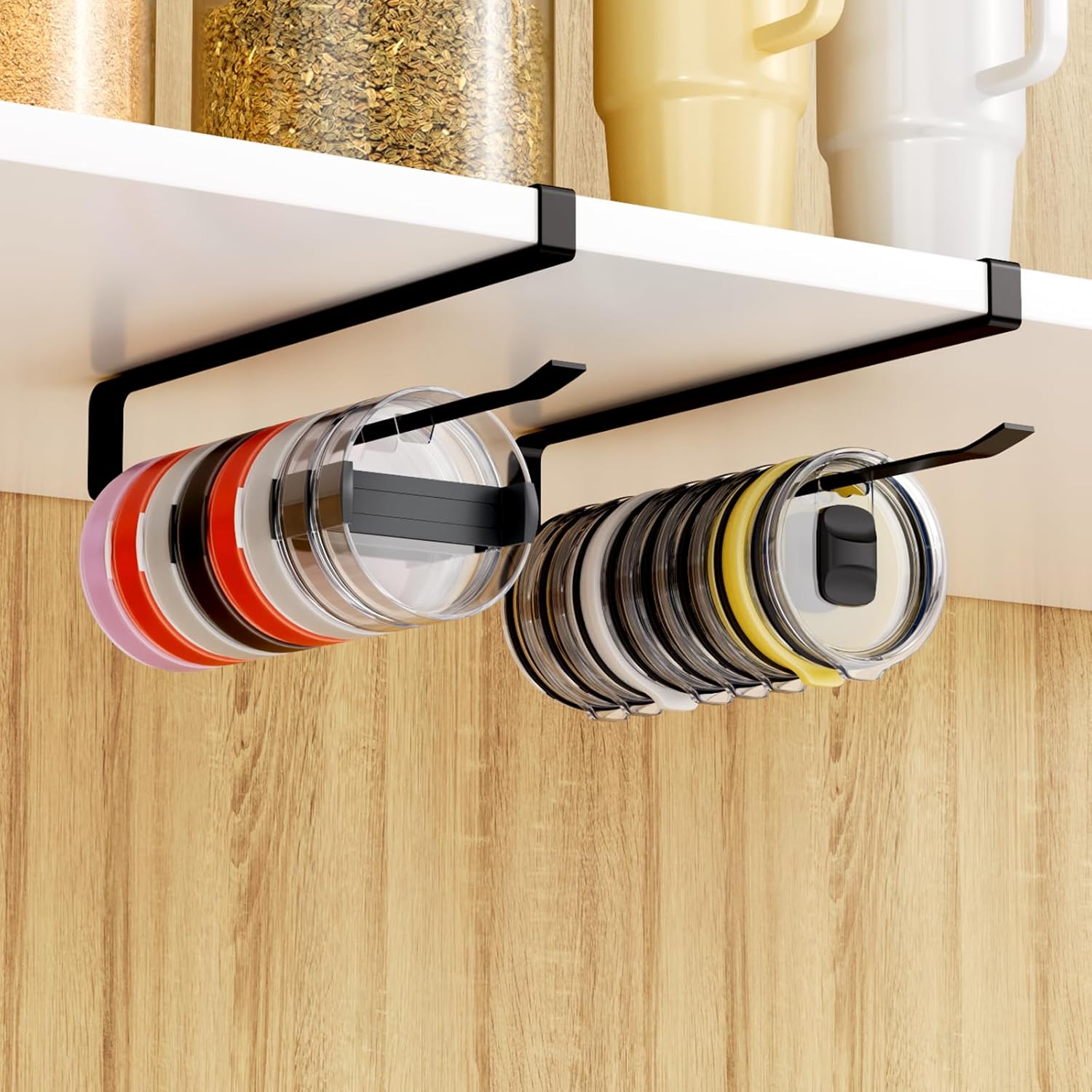 Quehun 2 PCS Tumbler Lid Organizers, Ample Lid Capacity Up to 30 Lids, No Adhesive No Drill Yeti Lid Organizer Holder Inside Cabinet, Space-Saving Stanley Tumbler Cup Lid Holder Organizer for Kitchen