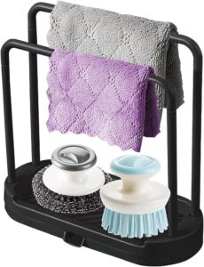 Kitchen Sink Rack Tray Organizer Stand for Sponge, Dish Cloth, Rag, Brush, Scrubber Storage and Organization (Black)