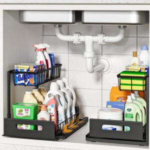 FUNFERY 2 Pack Under Sink Organizers and Storage,Pull-Out Cabinet Organizer,Under Kitchen Sink,Cabinet,Bathroom Organizers and Storage,L Shaped Pantry Organizer for Kitchen Storage Organization,Black