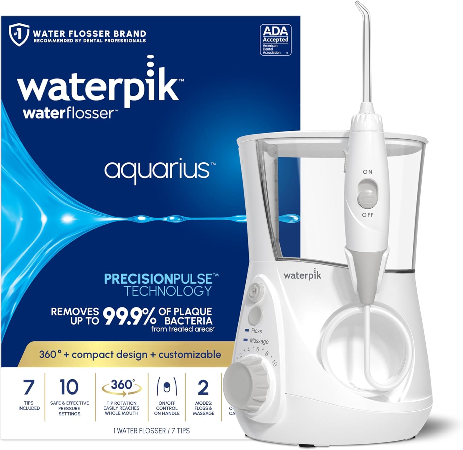 Waterpik Aquarius Water Flosser For Teeth Cleaning, Gums, Braces, Dental Care, Electric Power With 10 Settings, 7 Tips For Multiple Users And Needs, ADA Accepted, White WP-660, Packaging May Vary