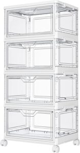 Kmiectse Clear Storage Bins with Lids - 4 Tier Plastic Bins with Wheels, Stackable Storage Bin, Closet Organizers Box for Bedroom, Living Room, 23 QT Folding Box with Magnetic door