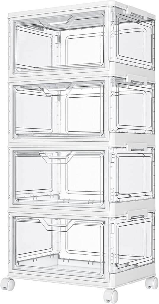 Kmiectse Clear Storage Bins with Lids - 4 Tier Plastic Bins with Wheels, Stackable Storage Bin, Closet Organizers Box for Bedroom, Living Room, 23 QT Folding Box with Magnetic door