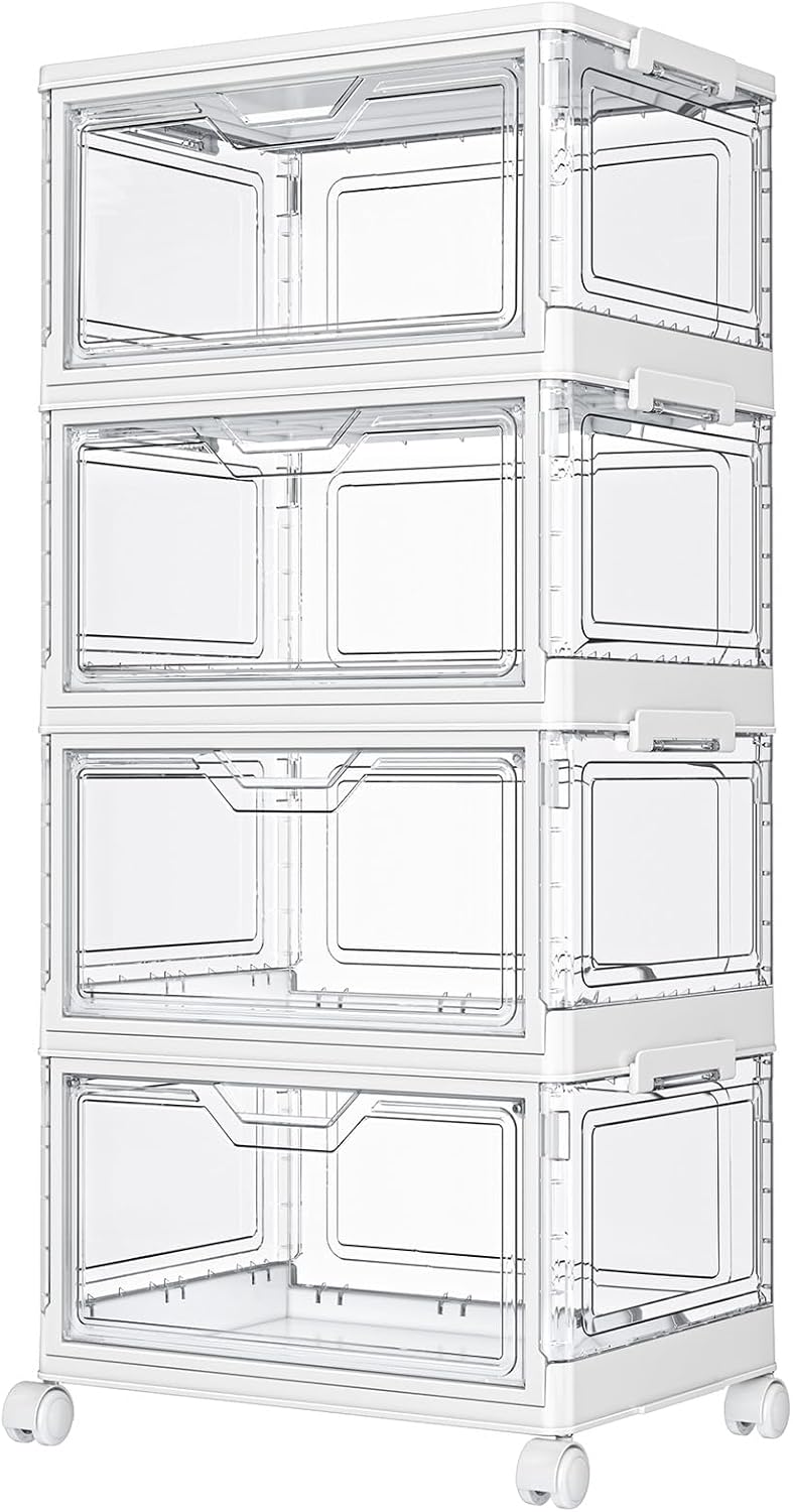 Kmiectse Clear Storage Bins with Lids - 4 Tier Plastic Bins with Wheels, Stackable Storage Bin, Closet Organizers Box for Bedroom, Living Room, 23 QT Folding Box with Magnetic door