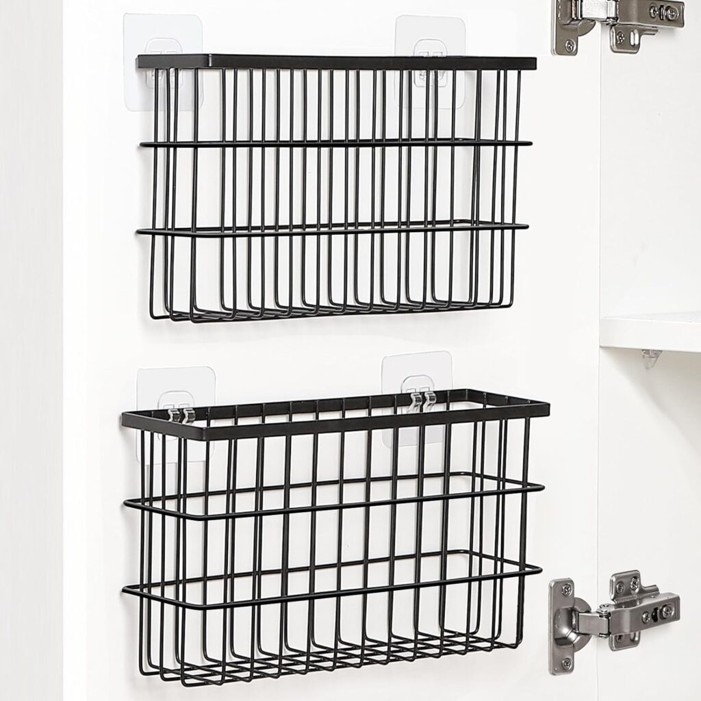 Sinnsally 2 Pack Cabinet Door Organizer,Self Adhesive Lid Organizers Inside Cabinet Storage Boxes,Hanging Storage Basket Organizer Wall Mounted Pantry Caddy Cup Holder for Kitchen,Fridge,Bathroom