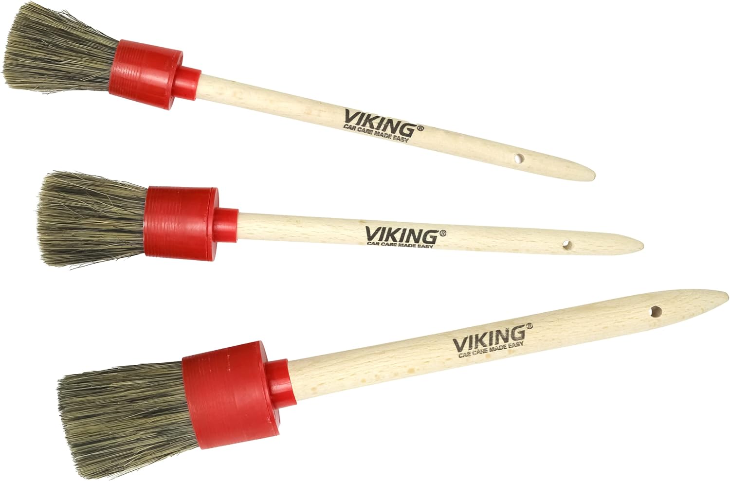 VIKING Car Detailing Brush Set for Car Cleaning Kit, Super-Soft Bristles for Exterior Detail, Includes Small, Medium, and Large Diameter Brush Heads, 3 Pack, Red